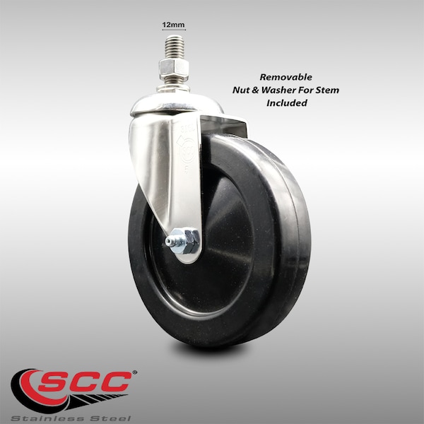 5 Inch 316SS Hard Rubber Wheel Swivel 12mm Threaded Stem Caster SCC